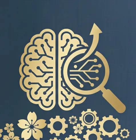 Cerebro dorado con lupa, flecha y engranajes para consultoría empresarial enfocada en innovación y crecimiento.