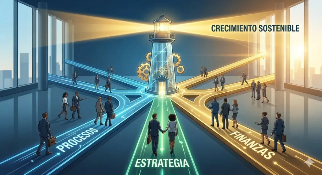 Muestra diferentes áreas de la empresa que, gracias a la luz potente de la consultoría (el faro), encuentran un rumbo unificado y brillante hacia el crecimiento sostenible.