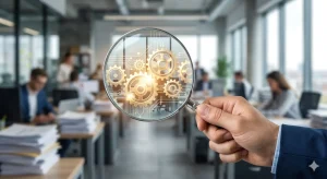 Primer plano, una lupa o un cristal pulido sostenido por una mano (el consultor) enfoca perfectamente una sección específica del negocio.