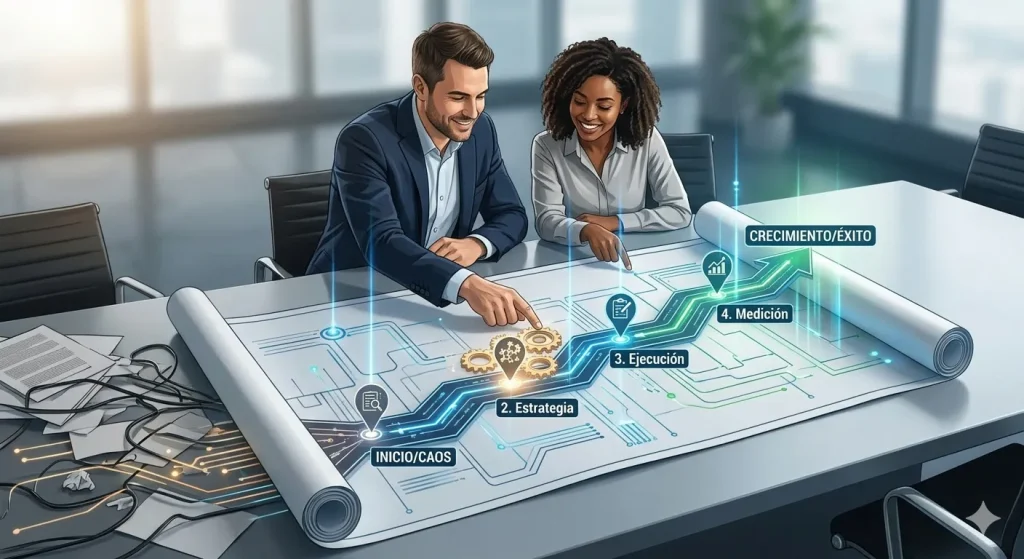 Ilustración conceptual muestra cómo la consultoría de negocios no es improvisación, sino que sigue un camino bien definido y estructurado.