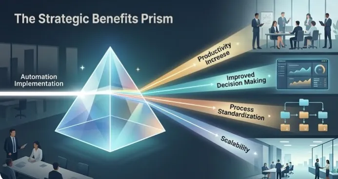 Visualiza los "Beneficios reales de la automatización de procesos empresariales" de forma conjunta y estratégica dentro de un prisma.