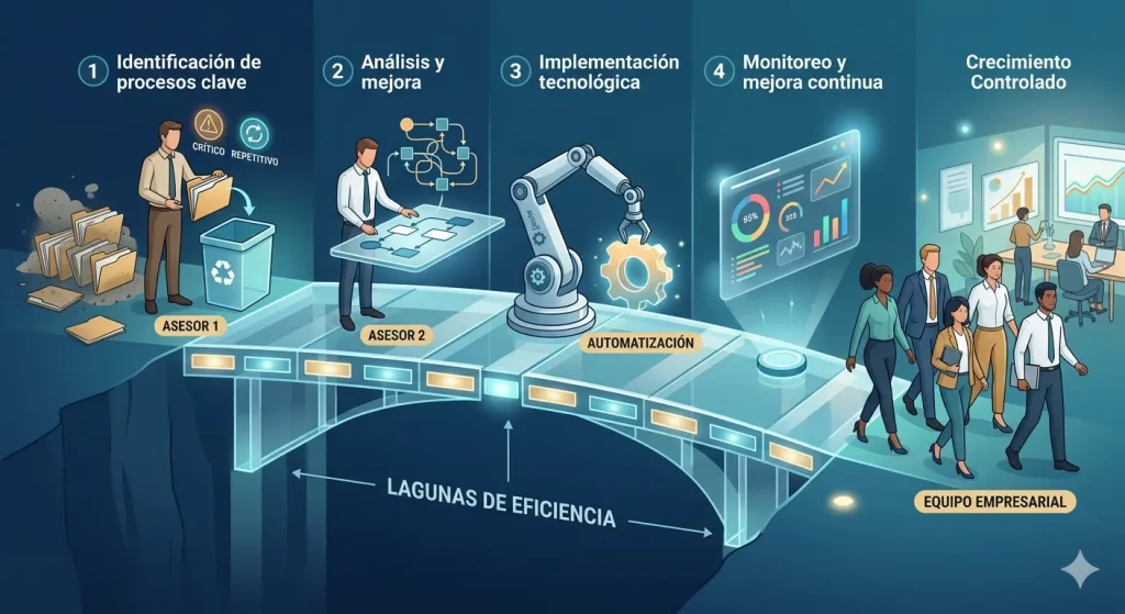 Visualizar los pasos de "Cómo funciona la automatización dentro de una empresa". Demuestra que no es solo software, sino un proceso de rediseño y optimización operativa secuencial y estratégico.