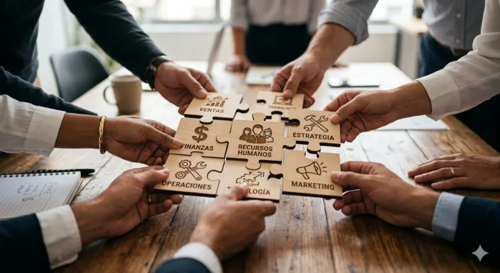 Manos de un equipo de trabajo uniendo piezas de un rompecabezas de madera con iconos que representan las áreas clave de la administración de pequeñas y medianas empresas.