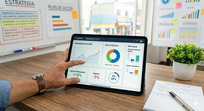Mano utilizando una tablet que muestra indicadores financieros y KPIs de rentabilidad, destacando la administración eficiente de negocios.