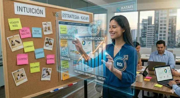 Un líder empresarial sonriente en una oficina moderna, mirando un gráfico de crecimiento exponencial en una pantalla transparente, con el logo sutil de KATAFI en la esquina, representando un crecimiento ordenado y sostenible.