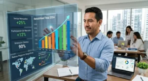 Empresario analizando una gráfica de barras ascendente que sale de una pantalla digital, simbolizando la escalabilidad y el crecimiento acelerado de un negocio.