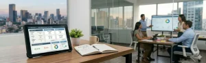 Banner panorámico de una oficina moderna que muestra una tablet con un dashboard de gestión de KATAFI, un cuaderno de estrategia y un equipo de trabajo colaborando al fondo, representando el orden y la eficiencia empresarial.