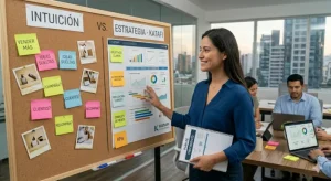 Un emprendedor joven mirando con determinación un tablero de corcho que combina notas adhesivas desordenadas con un mapa estratégico claro, simbolizando el cambio de la intuición a la planificación.