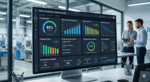 Panel de control (dashboard) mostrando gráficos de rendimiento, reducción de desperdicios y productividad en una planta industrial.