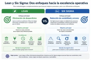 Gráfico comparativo que muestra a Lean centrado en la eliminación de desperdicios y a Six Sigma enfocado en la reducción de variabilidad y errores.