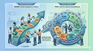Gráfico comparativo que muestra a Kaizen como la cultura o filosofía base y al ciclo PDCA como la herramienta técnica aplicada sobre esta.