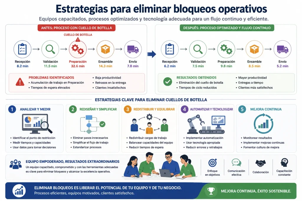 Equipo de trabajo colaborando en la reingeniería de un proceso, implementando automatización y redistribución de tareas para eliminar desperdicios.