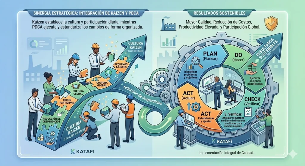 Ilustración que muestra a un equipo de trabajo integrando la cultura Kaizen con la aplicación operativa del ciclo PDCA para lograr objetivos de productividad y calidad.