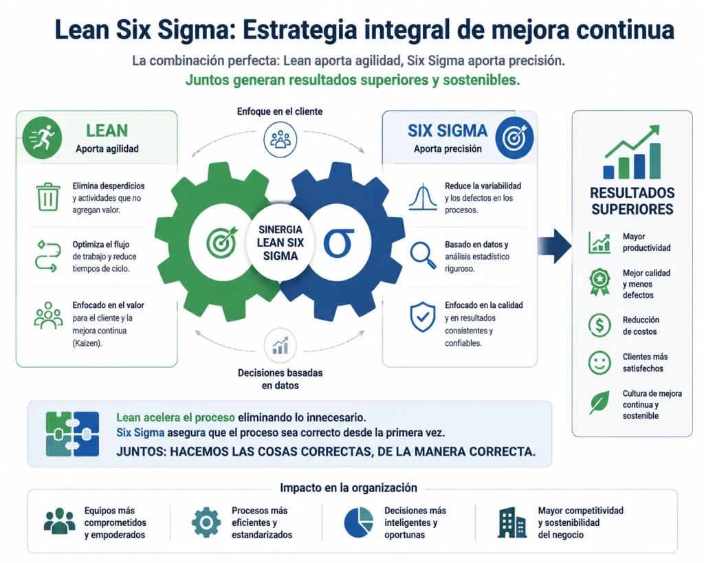 Ilustración de un engranaje donde Lean aporta agilidad y Six Sigma aporta precisión, resultando en mayor productividad y calidad operativa.