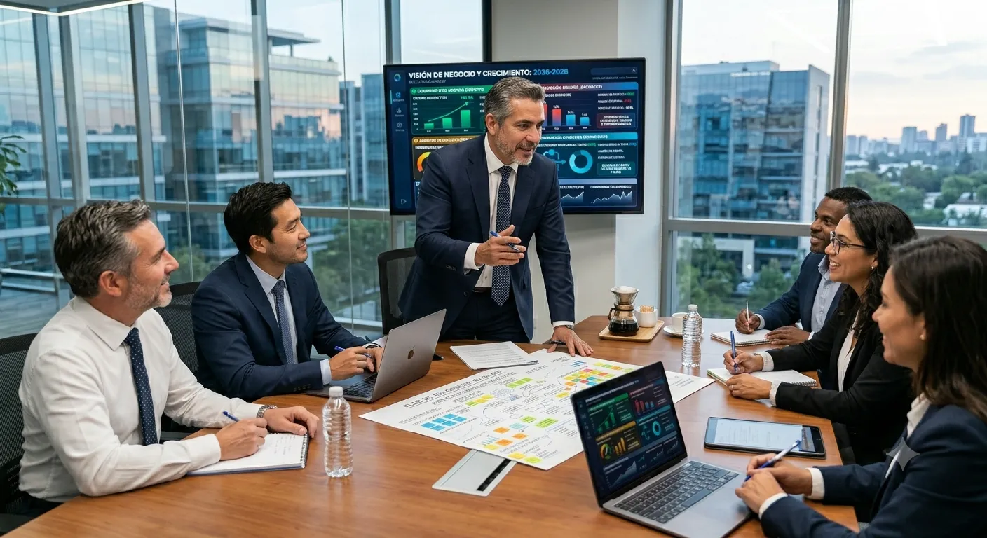 Líder empresarial guiando una estrategia de crecimiento junto a su equipo.