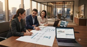 Consultores analizando la estructura organizacional de una empresa mediante diagramas y datos.