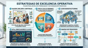 Representación gráfica de herramientas de mejora continua como Kaizen, PDCA y 5S.