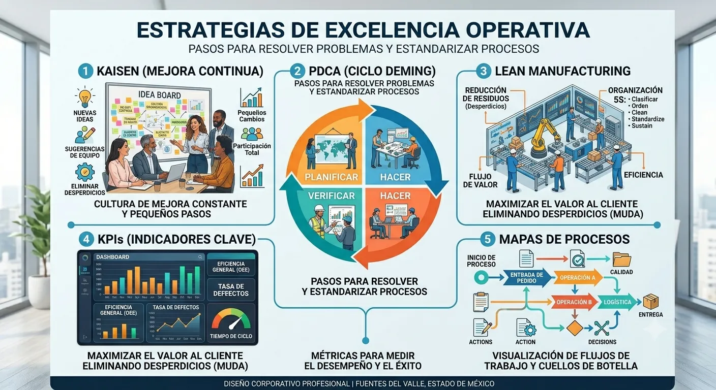 Representación gráfica de herramientas de mejora continua como Kaizen, PDCA y 5S.