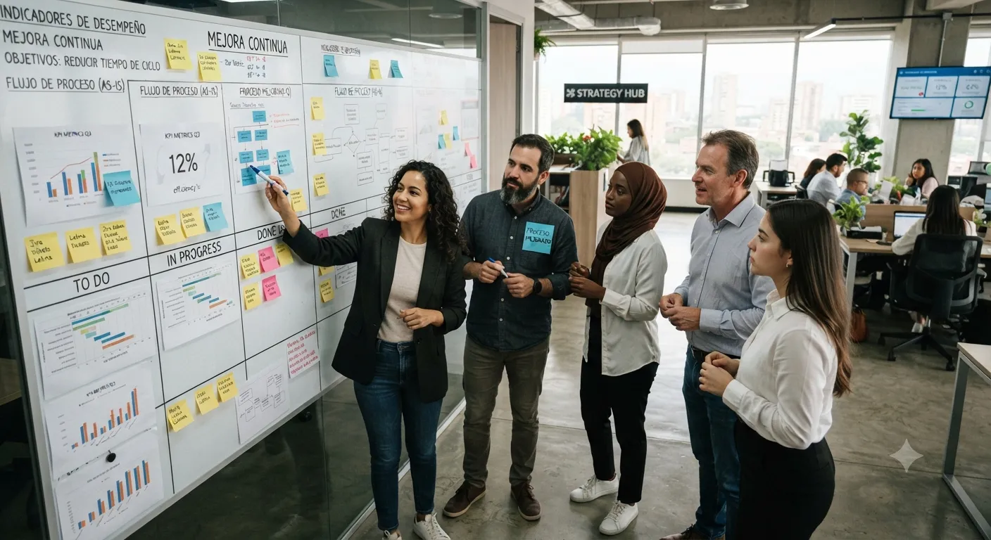 Equipo analizando un tablero de mejora continua para optimizar procesos empresariales.